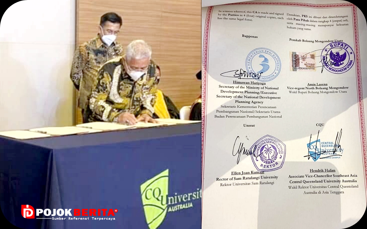 foto Amin Lasena melakukan Penandatanganan Memorandum of Agreement (MoA) antara Kementrian PPN/Bappenas, Universitas Sam Ratulangi (Unsrat) Manado dan Central Queensland University (CQU) Asutralia